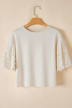 Clearance Dear-Lover Pearled Puff Sleeve Round Neck Loose Top White