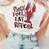 New Dear-Lover Pinch Peel Eat Repeat Crawfish Print Crew Neck Tee White