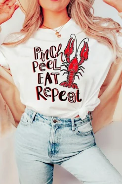 New Dear-Lover Pinch Peel Eat Repeat Crawfish Print Crew Neck Tee White