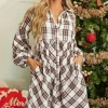 New Dear-Lover Plaid Bubble Sleeve Flowy Shirt Dress White