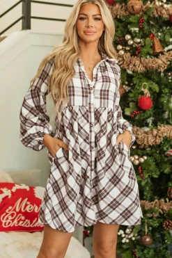 New Dear-Lover Plaid Bubble Sleeve Flowy Shirt Dress White