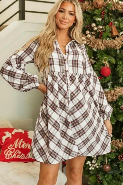 New Dear-Lover Plaid Bubble Sleeve Flowy Shirt Dress White
