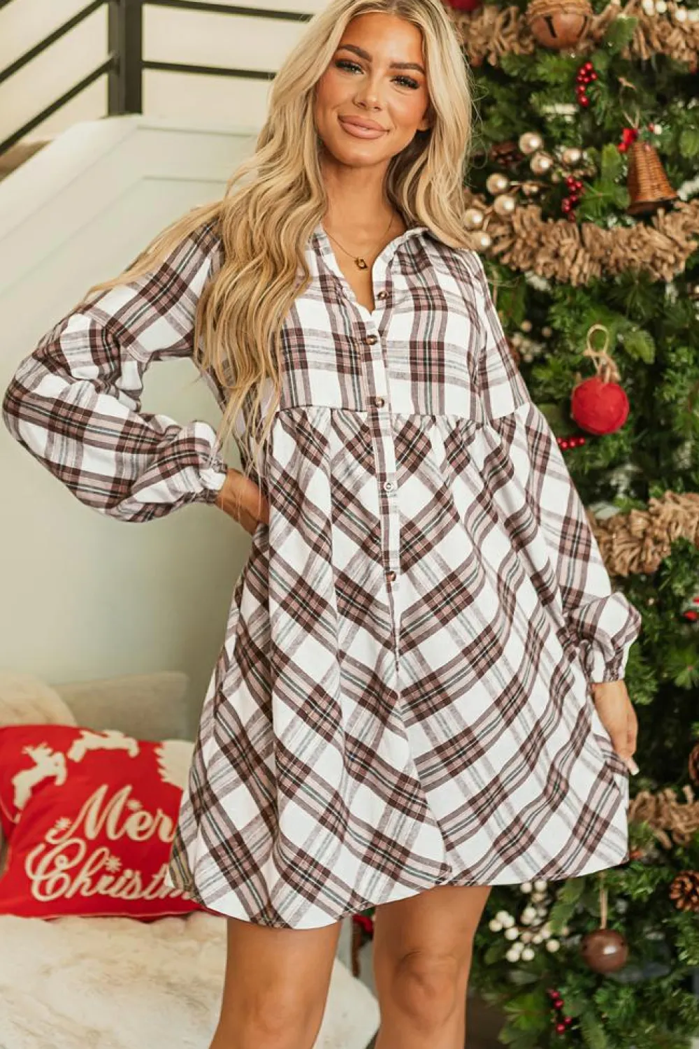 New Dear-Lover Plaid Bubble Sleeve Flowy Shirt Dress White