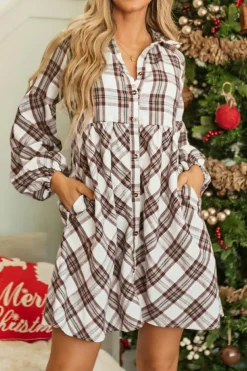 New Dear-Lover Plaid Bubble Sleeve Flowy Shirt Dress White