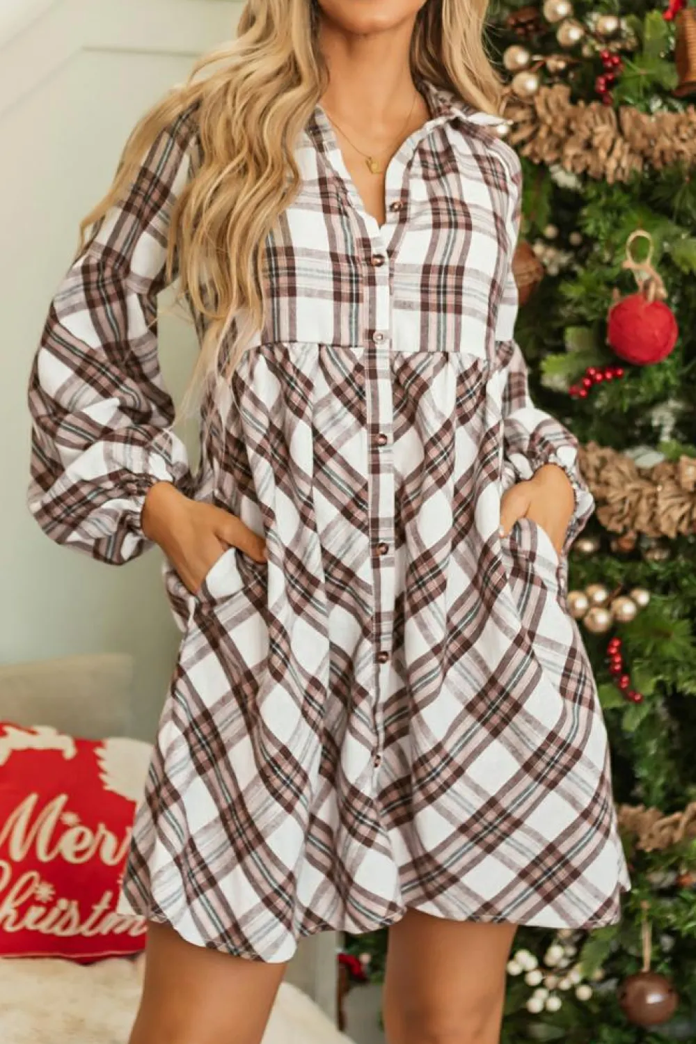 New Dear-Lover Plaid Bubble Sleeve Flowy Shirt Dress White