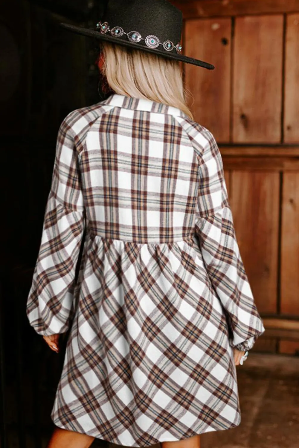 New Dear-Lover Plaid Bubble Sleeve Flowy Shirt Dress White