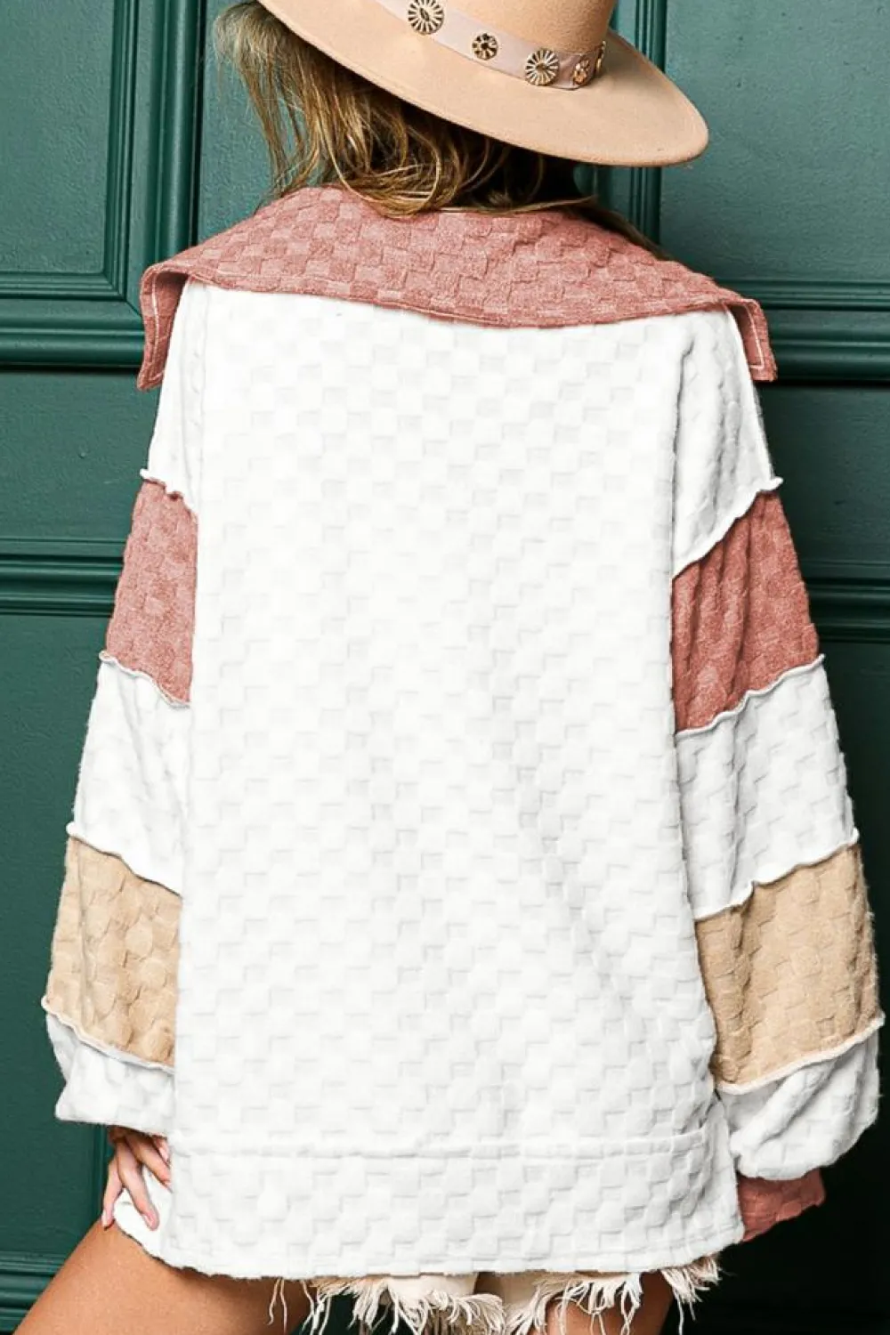 Best Dear-Lover Plaid Patchwork Exposed Seam V Neck Loose Top White
