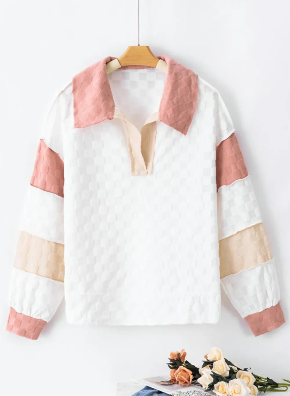 Best Dear-Lover Plaid Patchwork Exposed Seam V Neck Loose Top White
