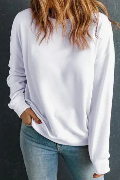 Hot Dear-Lover Plain Crew Neck Pullover Sweatshirt White