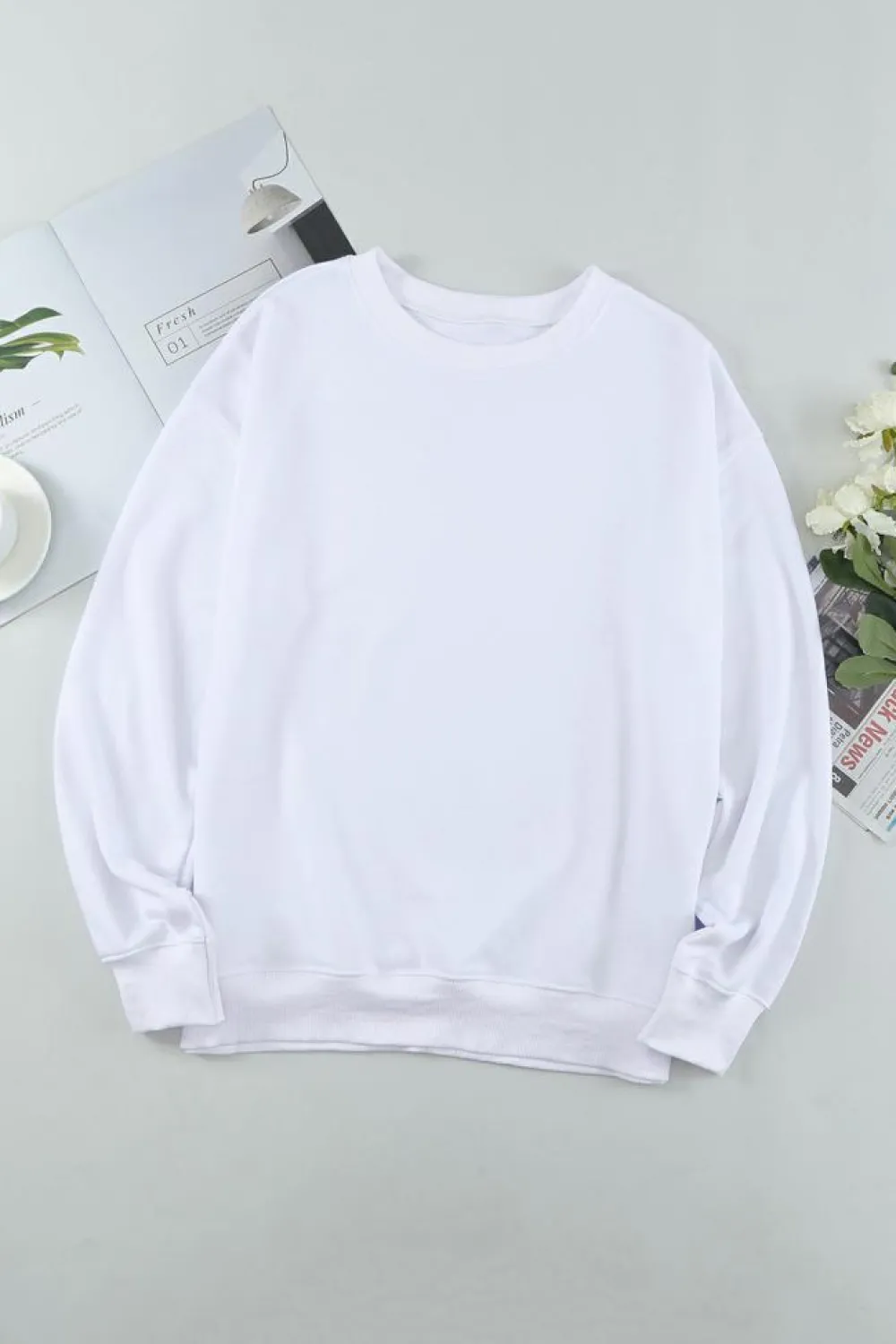 Hot Dear-Lover Plain Crew Neck Pullover Sweatshirt White