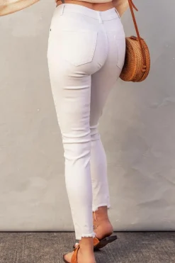 Sale Dear-Lover Plain High Waist Buttons Frayed Cropped Denim Jeans White