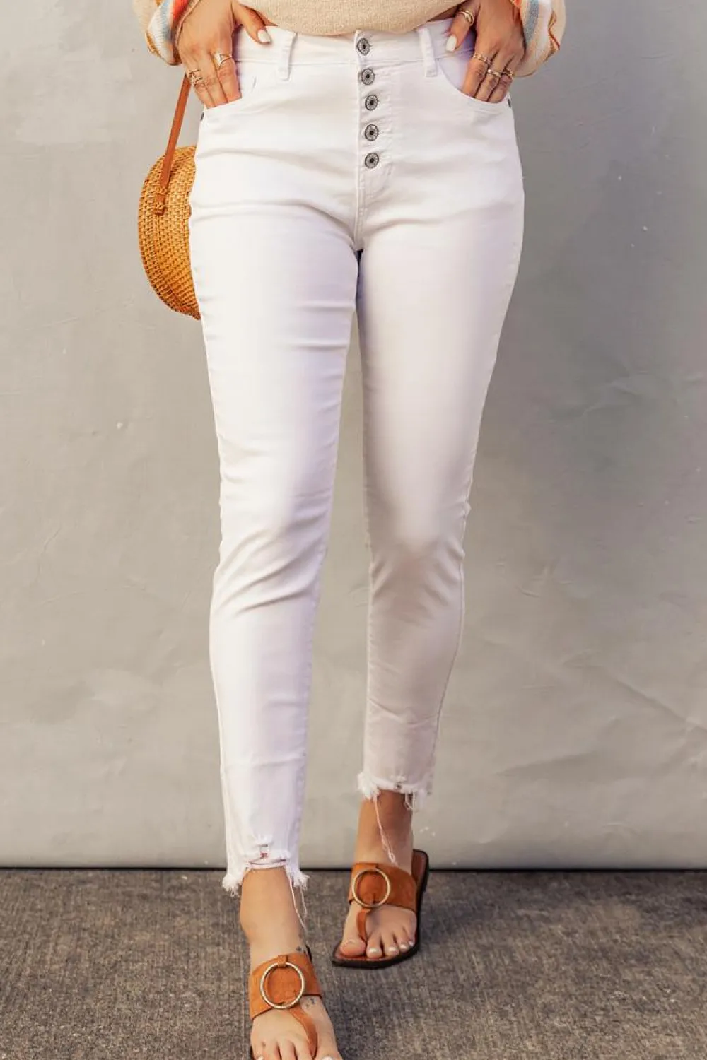 Sale Dear-Lover Plain High Waist Buttons Frayed Cropped Denim Jeans White