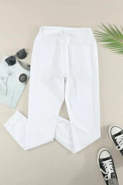Sale Dear-Lover Plain High Waist Buttons Frayed Cropped Denim Jeans White