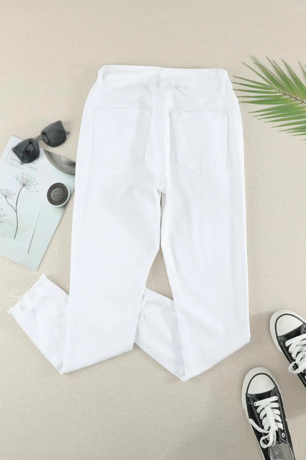 Sale Dear-Lover Plain High Waist Buttons Frayed Cropped Denim Jeans White
