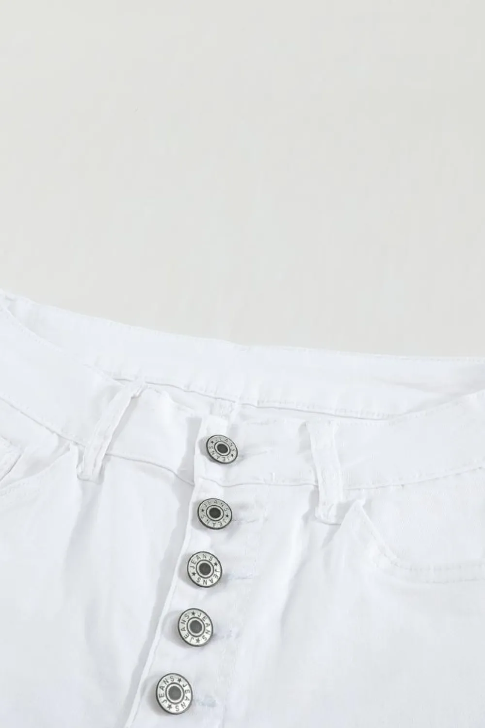 Sale Dear-Lover Plain High Waist Buttons Frayed Cropped Denim Jeans White