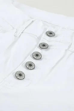 Sale Dear-Lover Plain High Waist Buttons Frayed Cropped Denim Jeans White