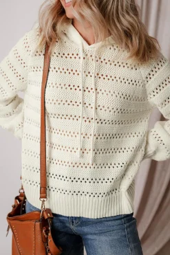 Discount Dear-Lover Pointelle Knit Raglan Sleeve Hooded Sweater White