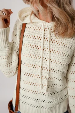 Discount Dear-Lover Pointelle Knit Raglan Sleeve Hooded Sweater White