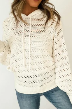 Discount Dear-Lover Pointelle Knit Raglan Sleeve Hooded Sweater White