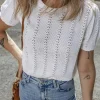 Fashion Dear-Lover Pointelle Knit Short Puff Sleeve Crewneck Sweater White