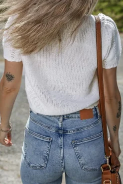 Fashion Dear-Lover Pointelle Knit Short Puff Sleeve Crewneck Sweater White