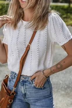 Fashion Dear-Lover Pointelle Knit Short Puff Sleeve Crewneck Sweater White