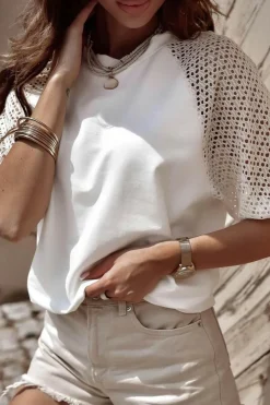 Best Dear-Lover Pointelle Lace Half Sleeve Crew Neck Tee White