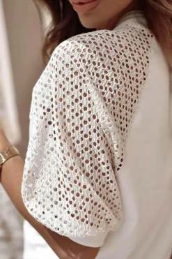 Best Dear-Lover Pointelle Lace Half Sleeve Crew Neck Tee White