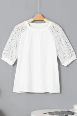 Best Dear-Lover Pointelle Lace Half Sleeve Crew Neck Tee White