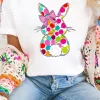 New Dear-Lover Polka Dot Bow Rabbit Graphic Crewneck Easter Fashion Tee White