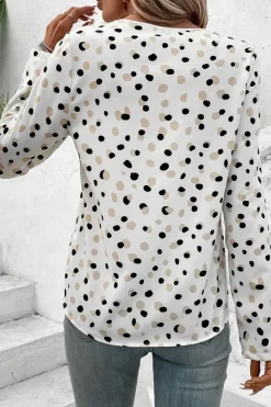 Hot Dear-Lover Polka Dot Print Button Front V Neck Blouse White