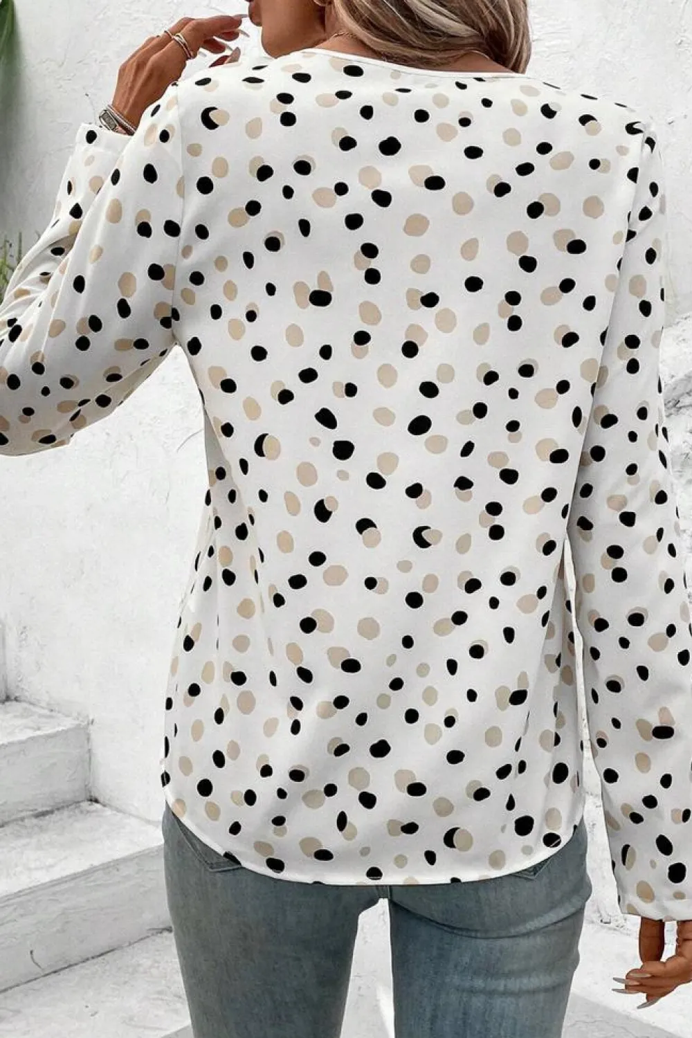 Hot Dear-Lover Polka Dot Print Button Front V Neck Blouse White