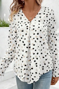 Hot Dear-Lover Polka Dot Print Button Front V Neck Blouse White