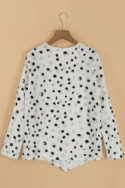 Hot Dear-Lover Polka Dot Print Button Front V Neck Blouse White