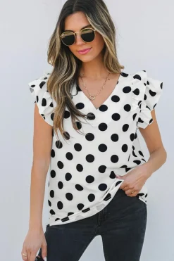 Discount Dear-Lover Polka Dot Print Ruffled Sleeve V Neck Blouse White