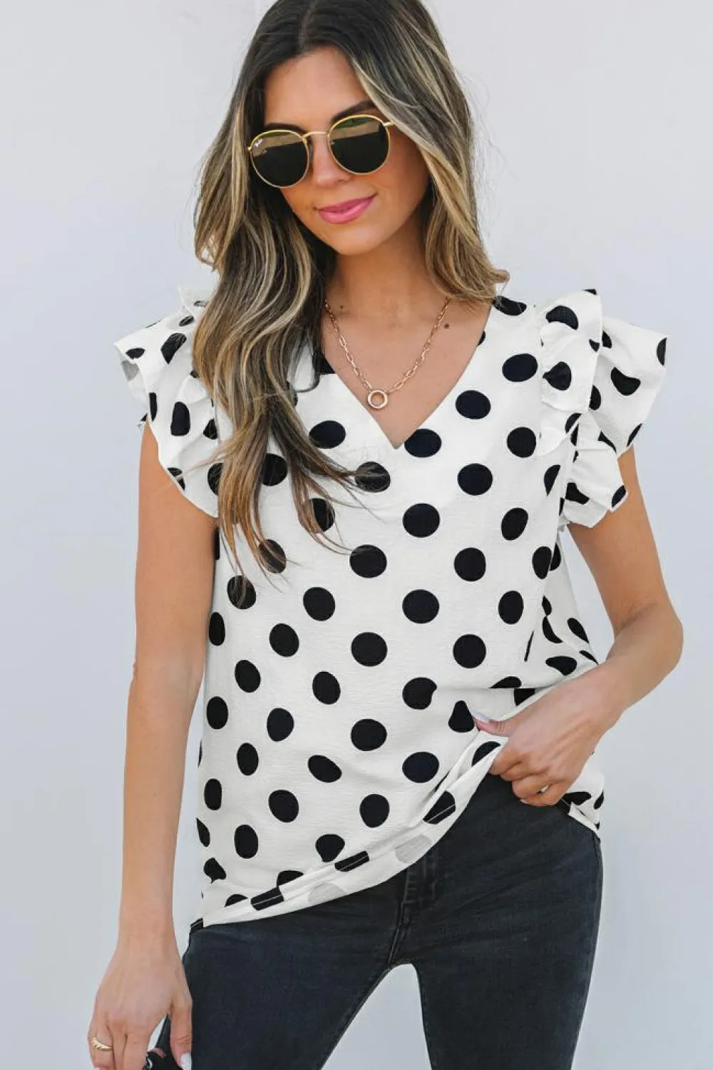 Discount Dear-Lover Polka Dot Print Ruffled Sleeve V Neck Blouse White