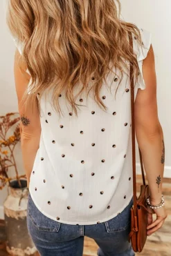 Best Dear-Lover Polka Dot Print Ruffled Shoulder V Neck Tank Top White
