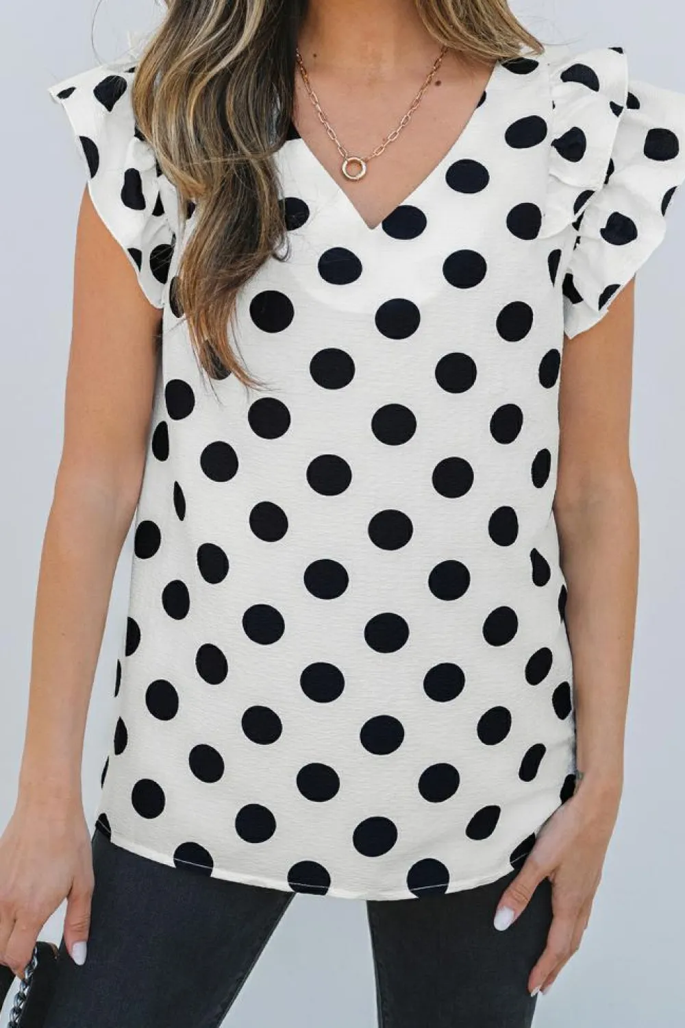 Discount Dear-Lover Polka Dot Print Ruffled Sleeve V Neck Blouse White