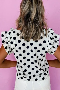 Discount Dear-Lover Polka Dot Print Ruffled Sleeve V Neck Blouse White