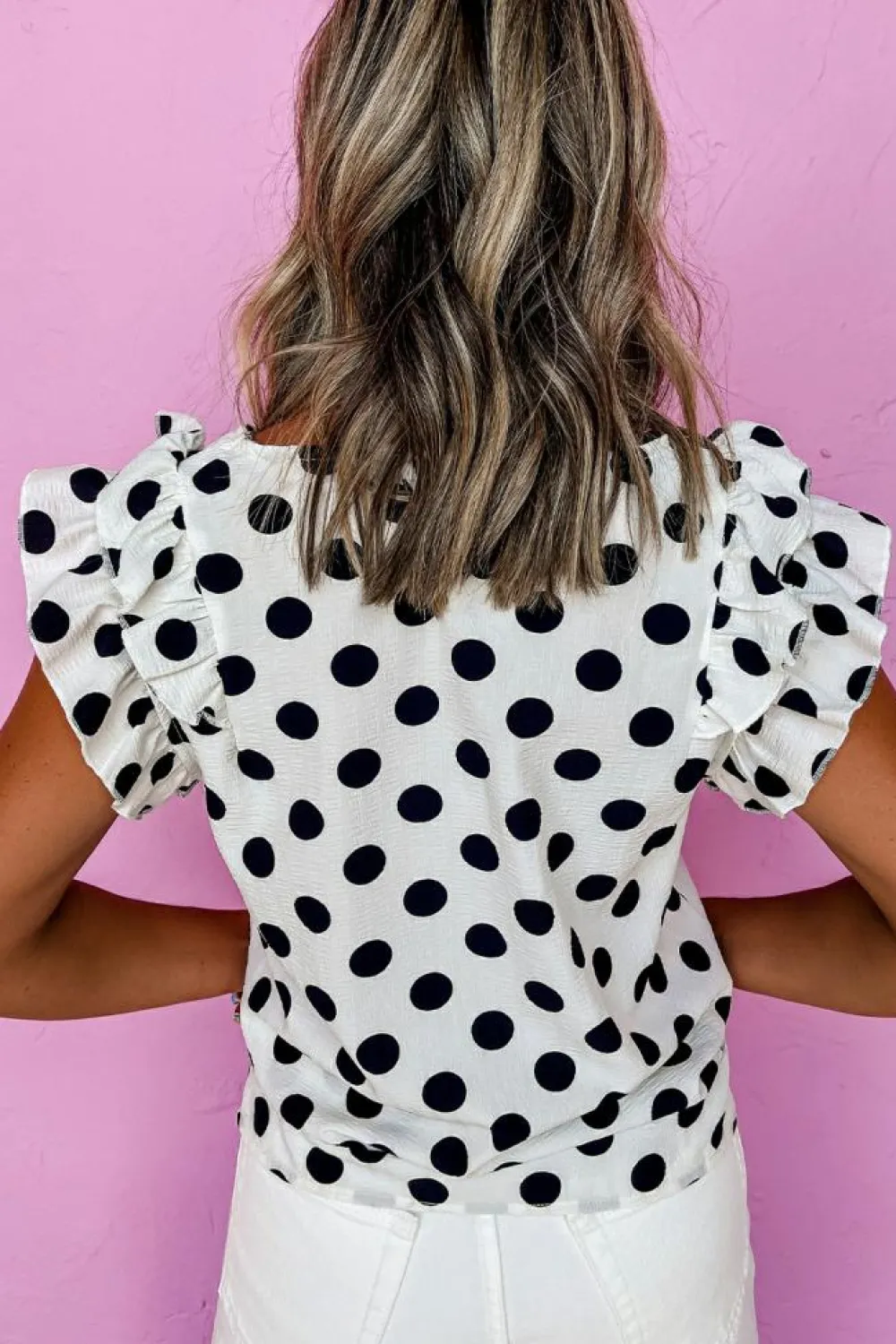 Discount Dear-Lover Polka Dot Print Ruffled Sleeve V Neck Blouse White