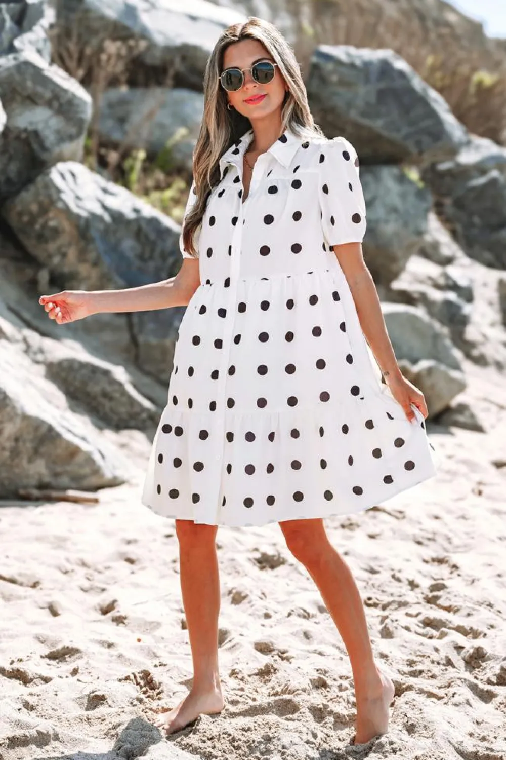 Clearance Dear-Lover Polka Dot Print Short Sleeve Collar Buttoned Tiered Babydoll Dress White