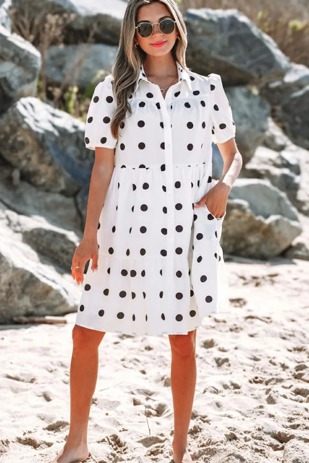 Clearance Dear-Lover Polka Dot Print Short Sleeve Collar Buttoned Tiered Babydoll Dress White