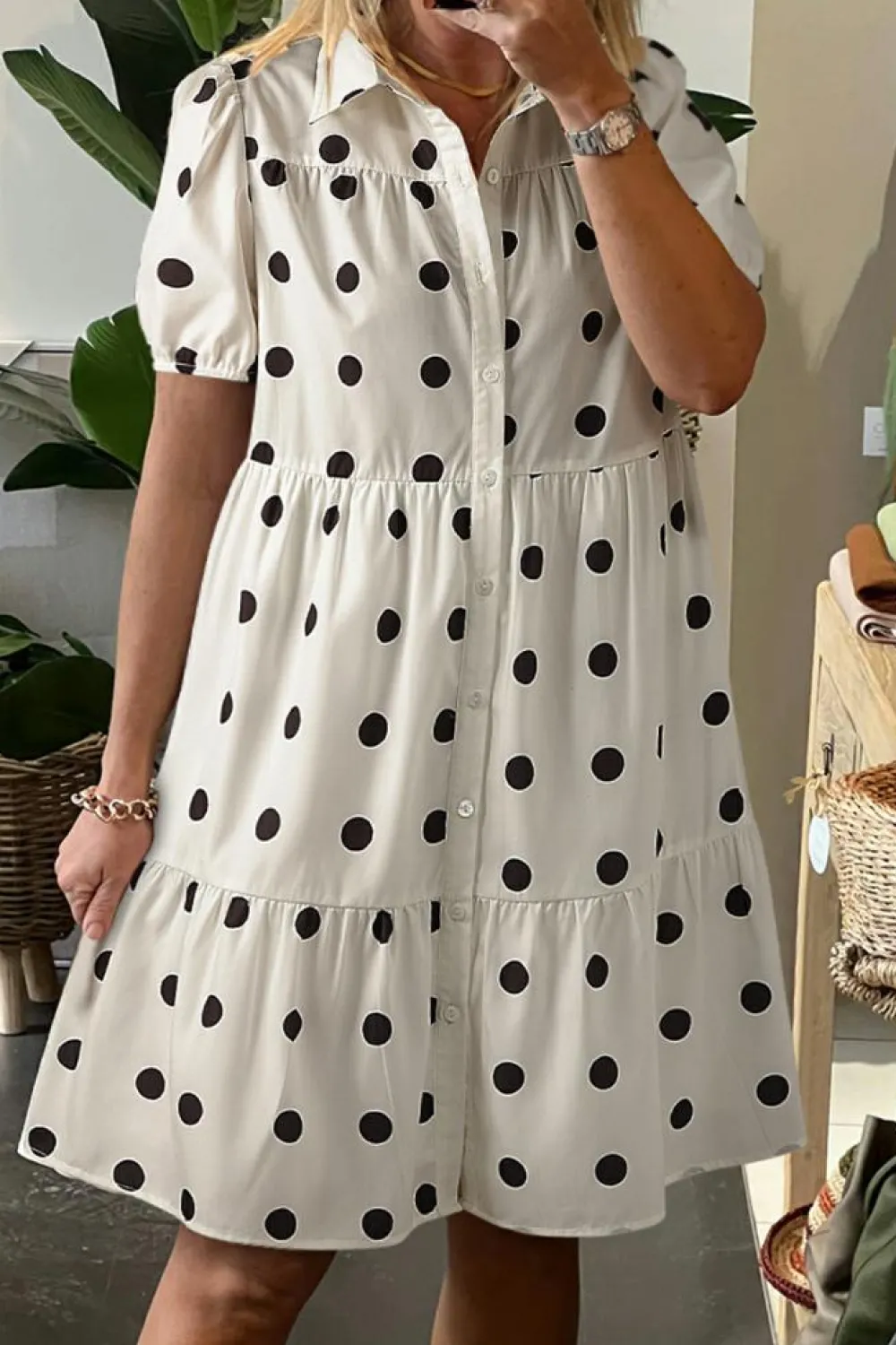 Clearance Dear-Lover Polka Dot Print Short Sleeve Collar Buttoned Tiered Babydoll Dress White
