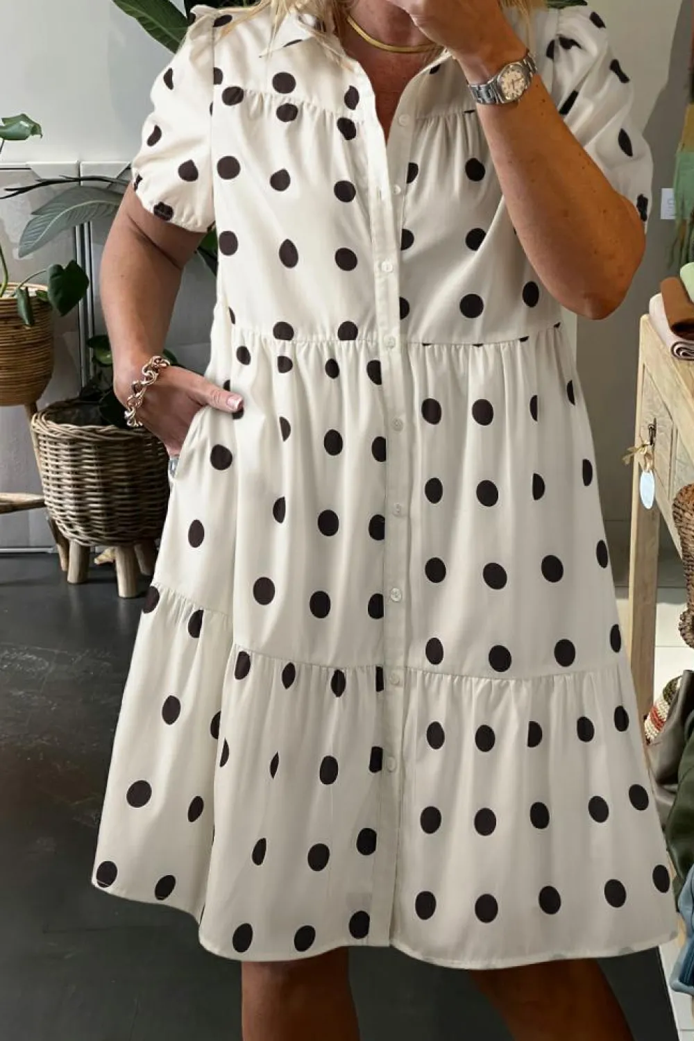 Clearance Dear-Lover Polka Dot Print Short Sleeve Collar Buttoned Tiered Babydoll Dress White