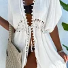 Fashion Dear-Lover Pom Pom Trim Drawstring Crochet Waist Beach Kimono White