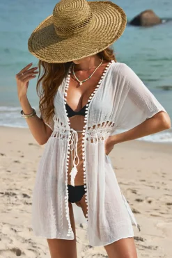 Fashion Dear-Lover Pom Pom Trim Drawstring Crochet Waist Beach Kimono White