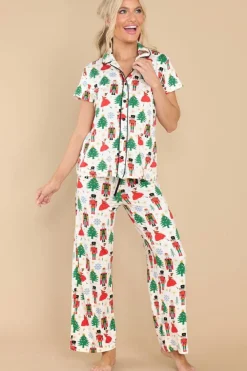 Online Dear-Lover Christmas Pattern Buttoned Two Piece Sleepwear White Printed