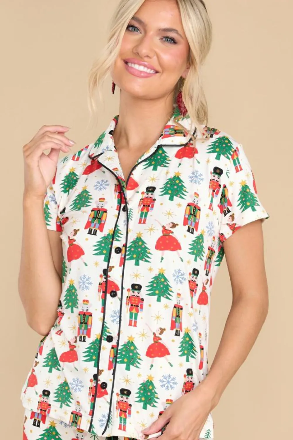 Online Dear-Lover Christmas Pattern Buttoned Two Piece Sleepwear White Printed
