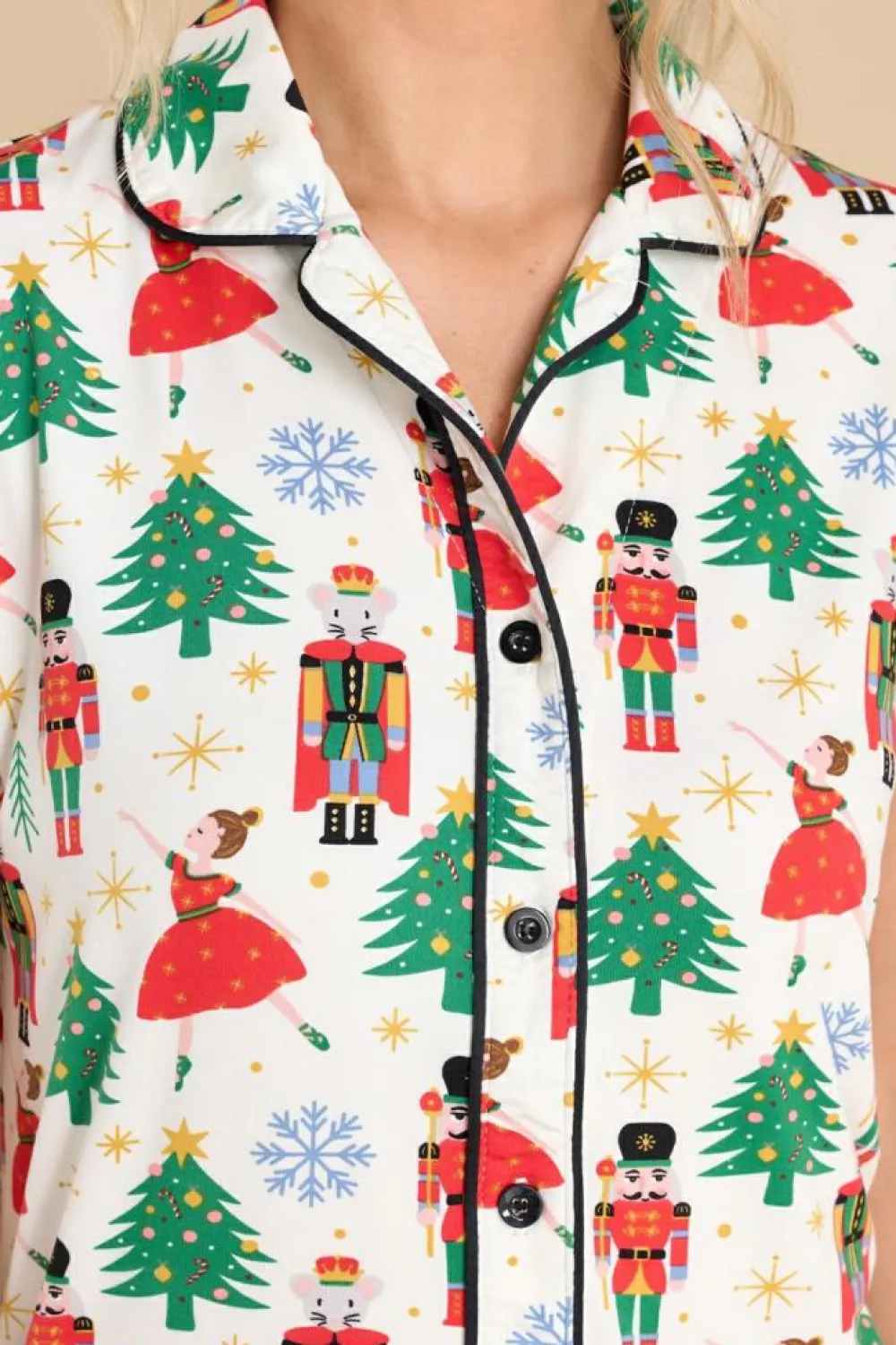 Online Dear-Lover Christmas Pattern Buttoned Two Piece Sleepwear White Printed