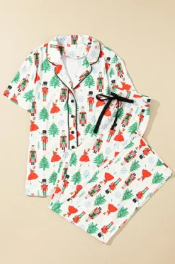 Online Dear-Lover Christmas Pattern Buttoned Two Piece Sleepwear White Printed